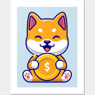 Cute Shiba Inu Holding Gold Coin Cartoon Posters and Art